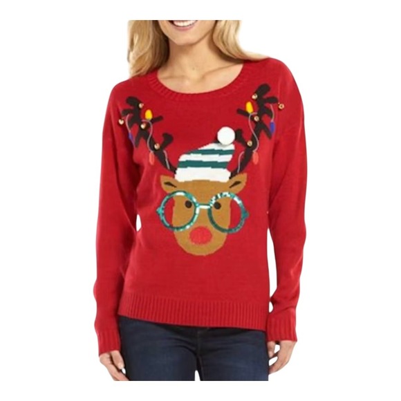 New Directions Christmas Sweater Red Reindeer Lights Holiday Women Plus Size 3X - Picture 1 of 8